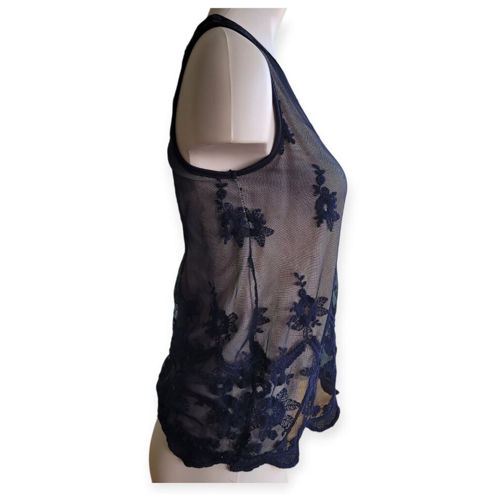 Vintage Y2K Black Lace Mesh Tank Nude Layer Soft Grunge Fairy Goth Girl Size S - Picture 9 of 13